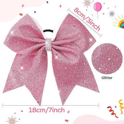 7" Large Glitter Cheer Hair Bows with Rhinestones Pink Ponytail Holder Elastic Band Handmade for Cheerleading Teen Women Girls College Sports 1pcs (Pink)