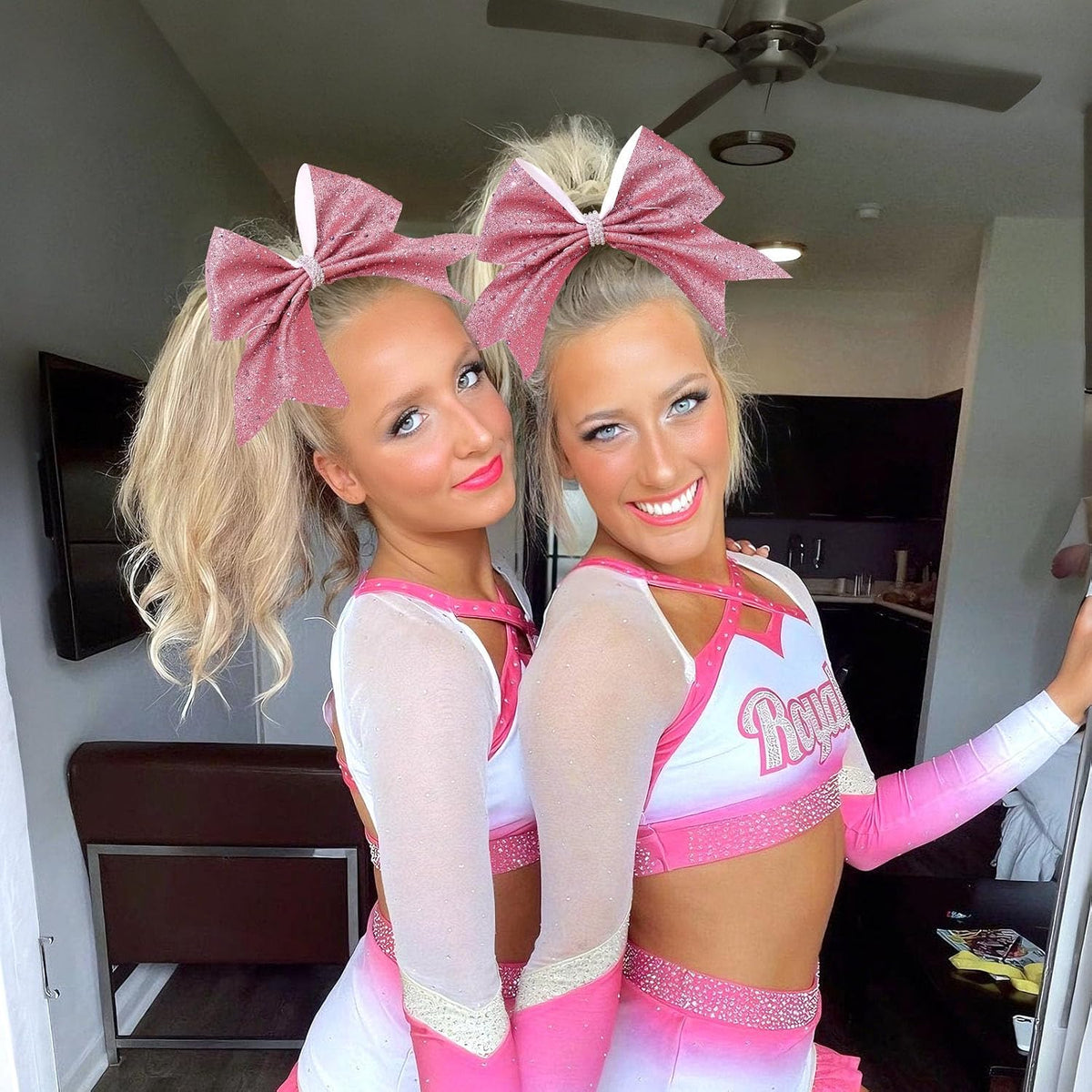 7" Large Glitter Cheer Hair Bows with Rhinestones Pink Ponytail Holder Elastic Band Handmade for Cheerleading Teen Women Girls College Sports 1pcs (Pink)