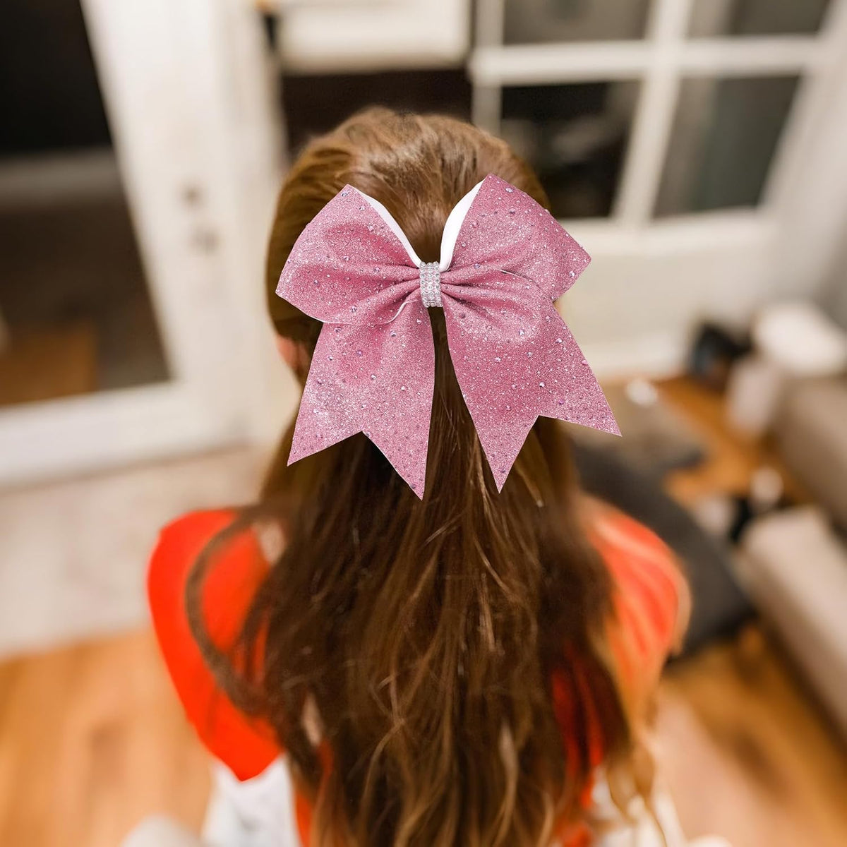 7" Large Glitter Cheer Hair Bows with Rhinestones Pink Ponytail Holder Elastic Band Handmade for Cheerleading Teen Women Girls College Sports 1pcs (Pink)