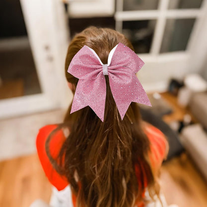 7" Large Glitter Cheer Hair Bows with Rhinestones Pink Ponytail Holder Elastic Band Handmade for Cheerleading Teen Women Girls College Sports 1pcs (Pink)