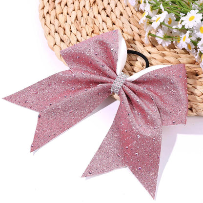 7" Large Glitter Cheer Hair Bows with Rhinestones Pink Ponytail Holder Elastic Band Handmade for Cheerleading Teen Women Girls College Sports 1pcs (Pink)