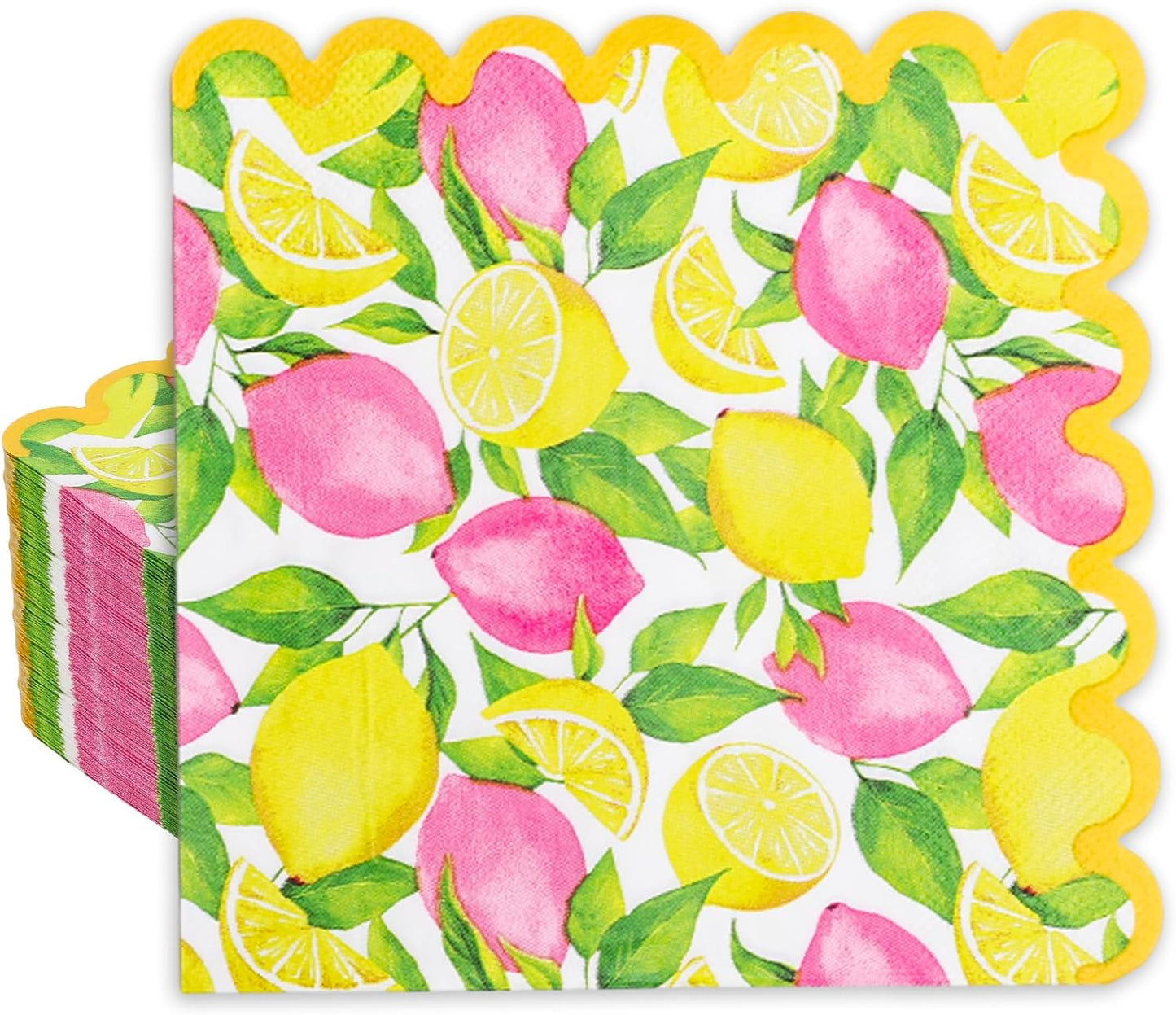 Whaline 50 Pcs Lemon Paper Napkins Pink Yellow Lemon Scalloped Disposable Napkins Summer Fruit Luncheon Dinner Napkin for Birthday Holiday Party Table Supplies
