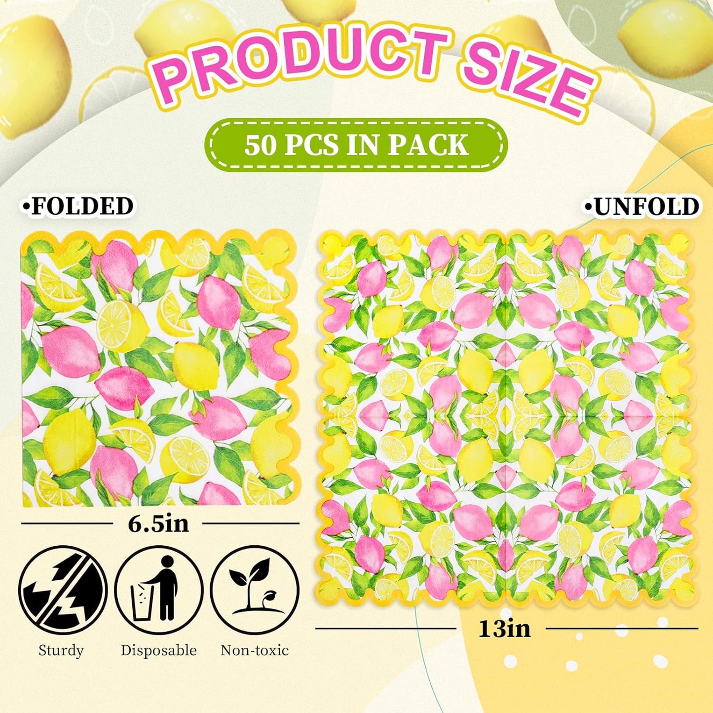 Whaline 50 Pcs Lemon Paper Napkins Pink Yellow Lemon Scalloped Disposable Napkins Summer Fruit Luncheon Dinner Napkin for Birthday Holiday Party Table Supplies