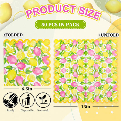 Whaline 50 Pcs Lemon Paper Napkins Pink Yellow Lemon Scalloped Disposable Napkins Summer Fruit Luncheon Dinner Napkin for Birthday Holiday Party Table Supplies