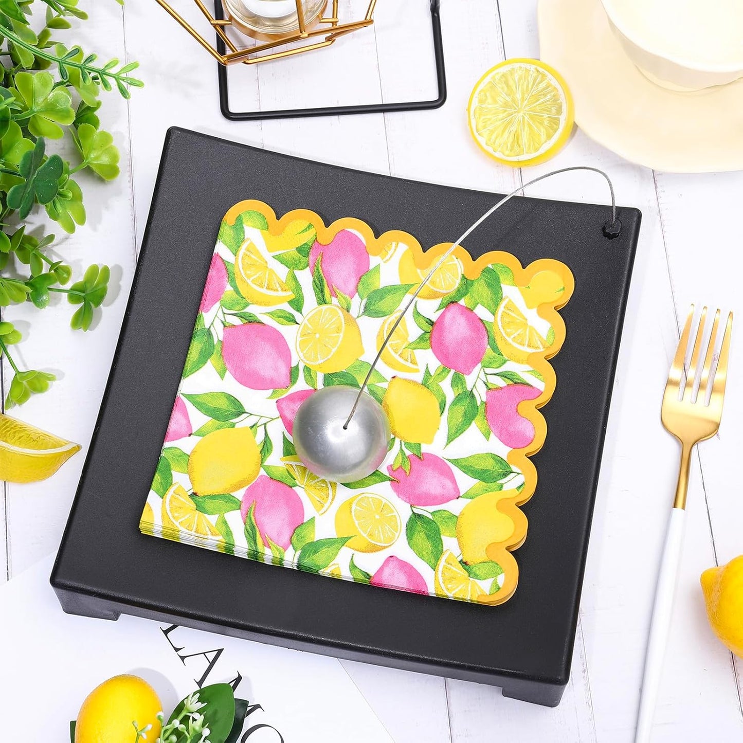 Whaline 50 Pcs Lemon Paper Napkins Pink Yellow Lemon Scalloped Disposable Napkins Summer Fruit Luncheon Dinner Napkin for Birthday Holiday Party Table Supplies