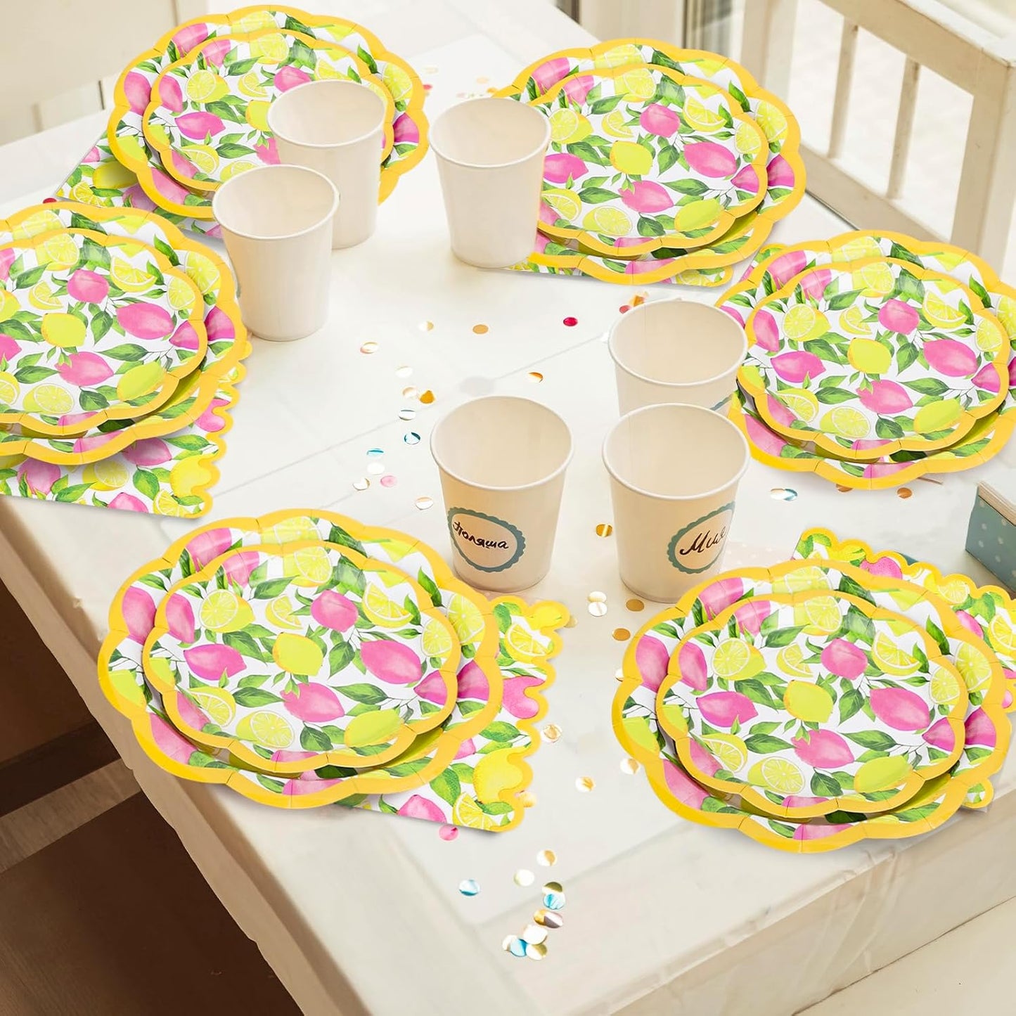 Whaline 50 Pcs Lemon Paper Napkins Pink Yellow Lemon Scalloped Disposable Napkins Summer Fruit Luncheon Dinner Napkin for Birthday Holiday Party Table Supplies