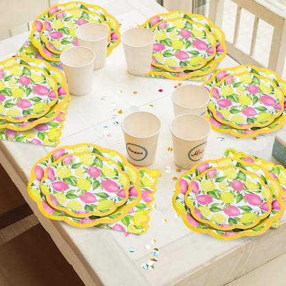 Whaline 50 Pcs Lemon Paper Napkins Pink Yellow Lemon Scalloped Disposable Napkins Summer Fruit Luncheon Dinner Napkin for Birthday Holiday Party Table Supplies