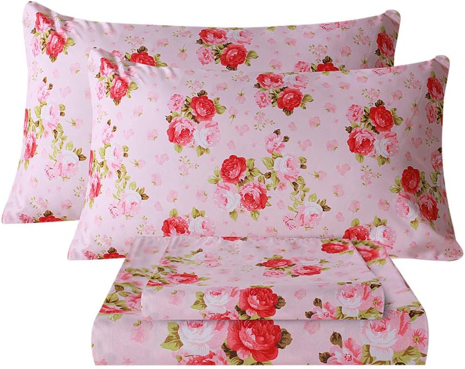 Floral Pattern Bed Sheet Set Queen Size, 16" Deep Pocket 4PCS