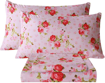 Floral Pattern Bed Sheet Set Queen Size, 16" Deep Pocket 4PCS