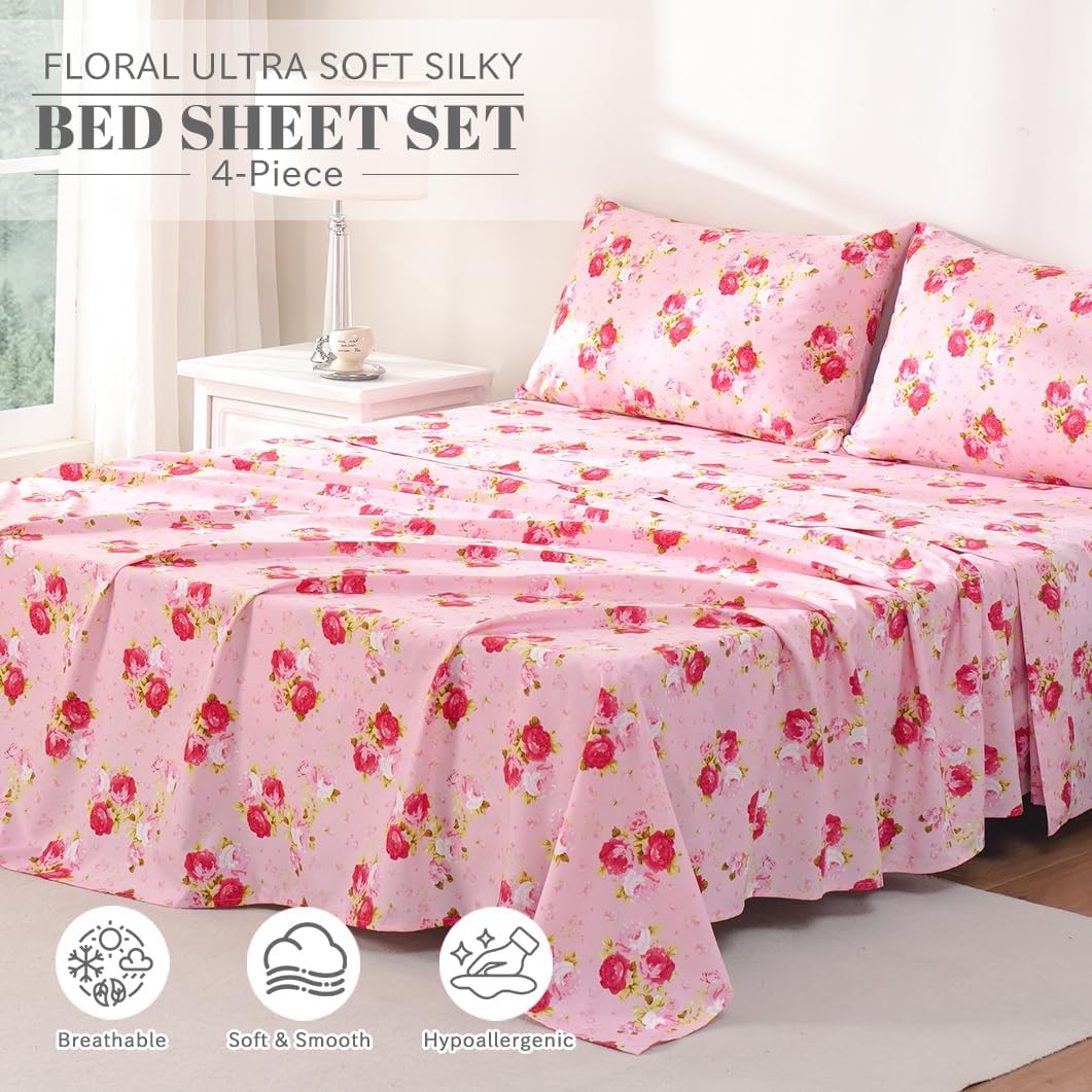 Floral Pattern Bed Sheet Set Queen Size, 16" Deep Pocket 4PCS