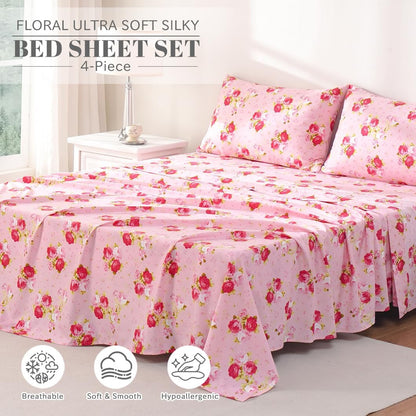 Floral Pattern Bed Sheet Set Queen Size, 16" Deep Pocket 4PCS