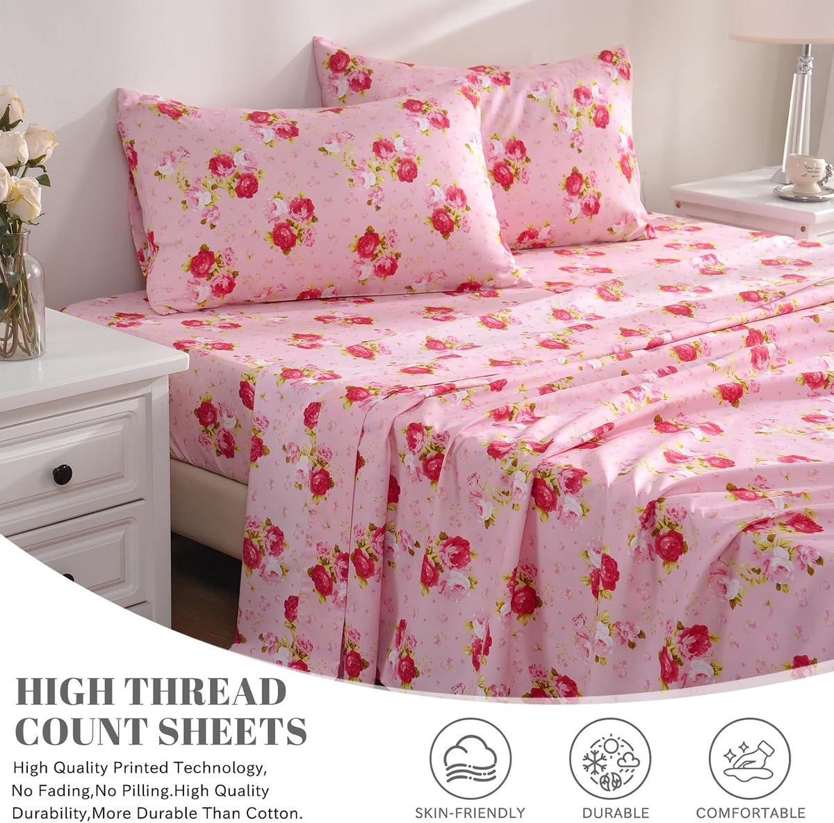 Floral Pattern Bed Sheet Set Queen Size, 16" Deep Pocket 4PCS