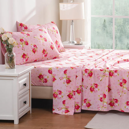 Floral Pattern Bed Sheet Set Queen Size, 16" Deep Pocket 4PCS