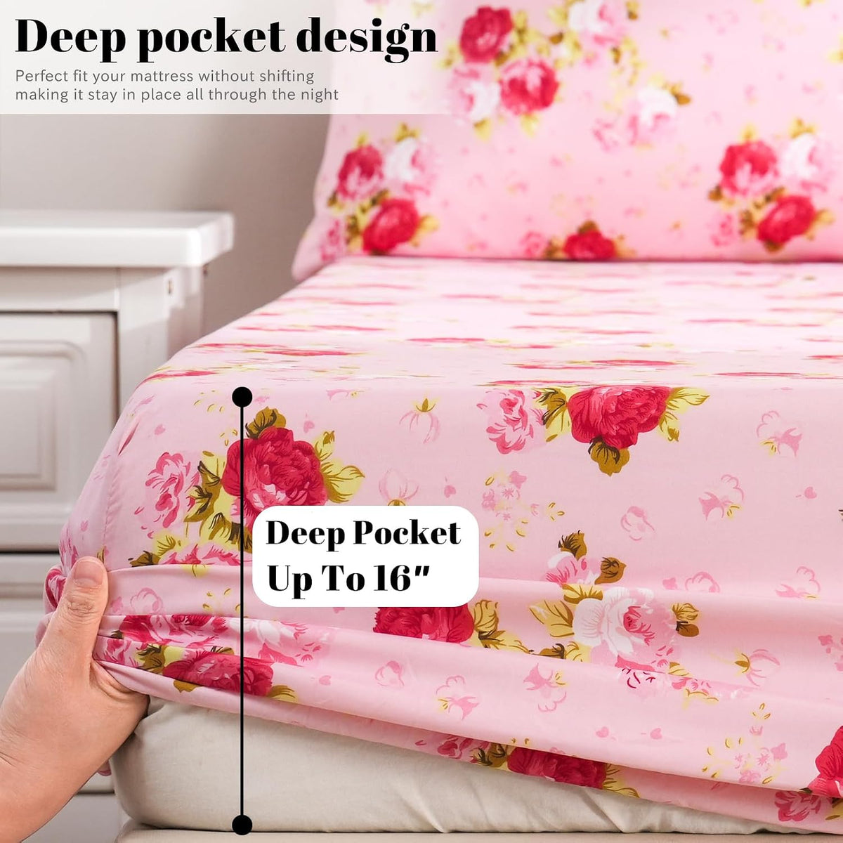 Floral Pattern Bed Sheet Set Queen Size, 16" Deep Pocket 4PCS