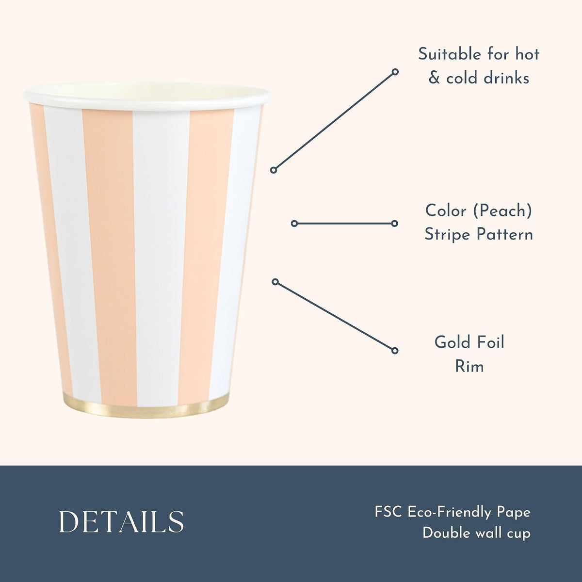 Light Peach Cabana Stripe Cups, Pack of 8, 12oz