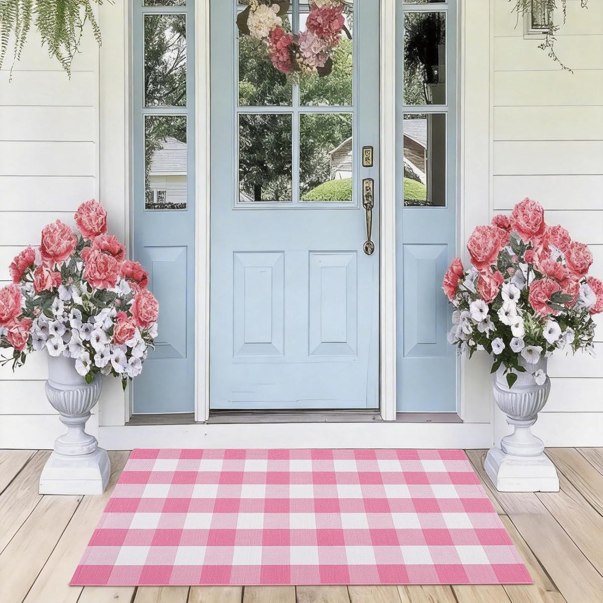 Buffalo Plaid Area Rug, Checkered Rug 27.5x43 Inches, Pink and White Rug, Washable Cotton Mat for Front Porch, Entryway, Kitchen, Living Room, Home Decor