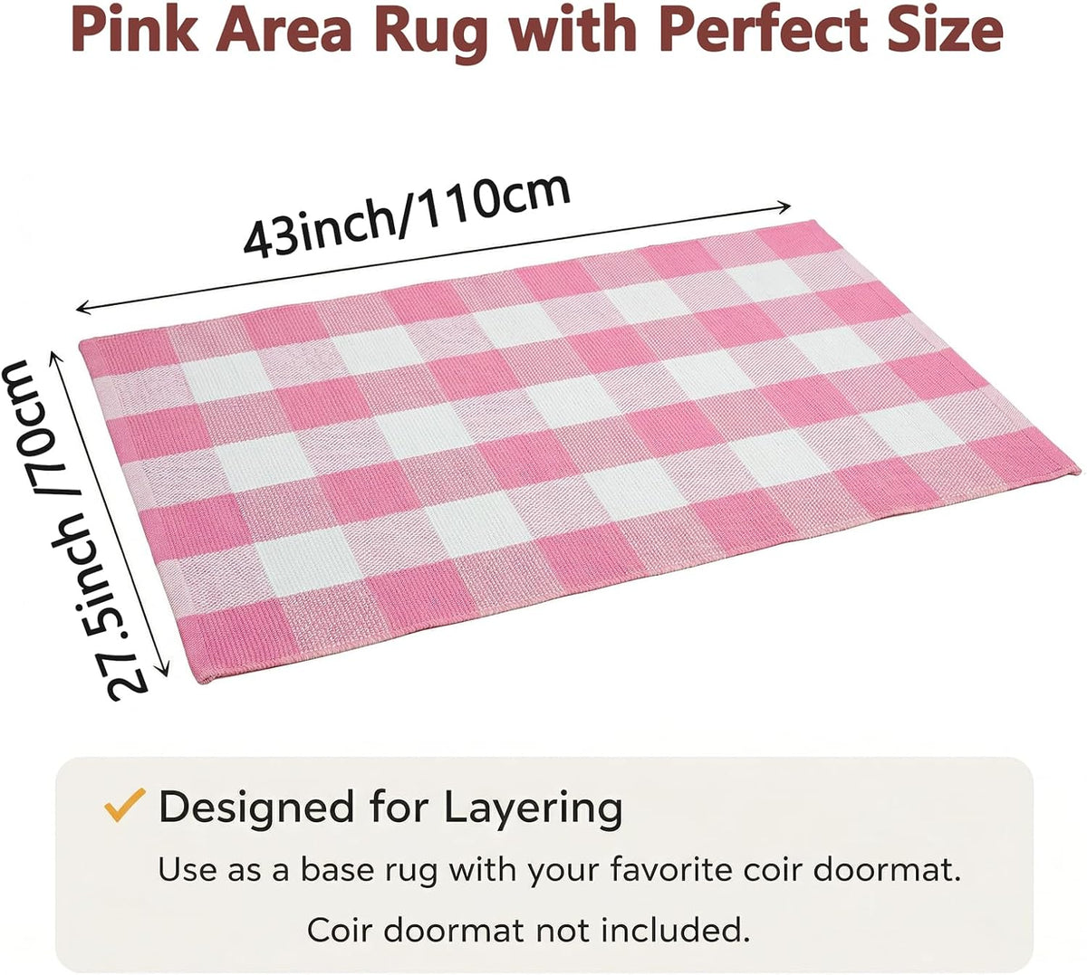 Buffalo Plaid Area Rug, Checkered Rug 27.5x43 Inches, Pink and White Rug, Washable Cotton Mat for Front Porch, Entryway, Kitchen, Living Room, Home Decor