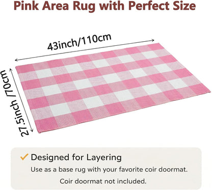 Buffalo Plaid Area Rug, Checkered Rug 27.5x43 Inches, Pink and White Rug, Washable Cotton Mat for Front Porch, Entryway, Kitchen, Living Room, Home Decor