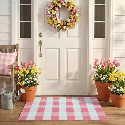 Buffalo Plaid Area Rug, Checkered Rug 27.5x43 Inches, Pink and White Rug, Washable Cotton Mat for Front Porch, Entryway, Kitchen, Living Room, Home Decor