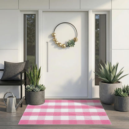 Buffalo Plaid Area Rug, Checkered Rug 27.5x43 Inches, Pink and White Rug, Washable Cotton Mat for Front Porch, Entryway, Kitchen, Living Room, Home Decor