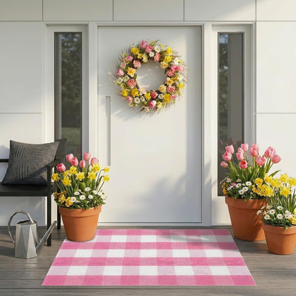 Buffalo Plaid Area Rug, Checkered Rug 27.5x43 Inches, Pink and White Rug, Washable Cotton Mat for Front Porch, Entryway, Kitchen, Living Room, Home Decor