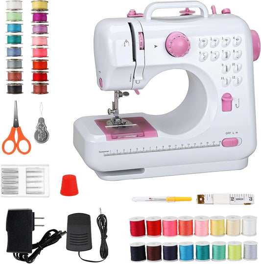 Mini Sewing Machine for Beginners, Portable with Dual Speed, 12 Stitches, Foot Pedal and Accessories Kit for Home Quick Repairs DIY Crafts & Gift, Pink