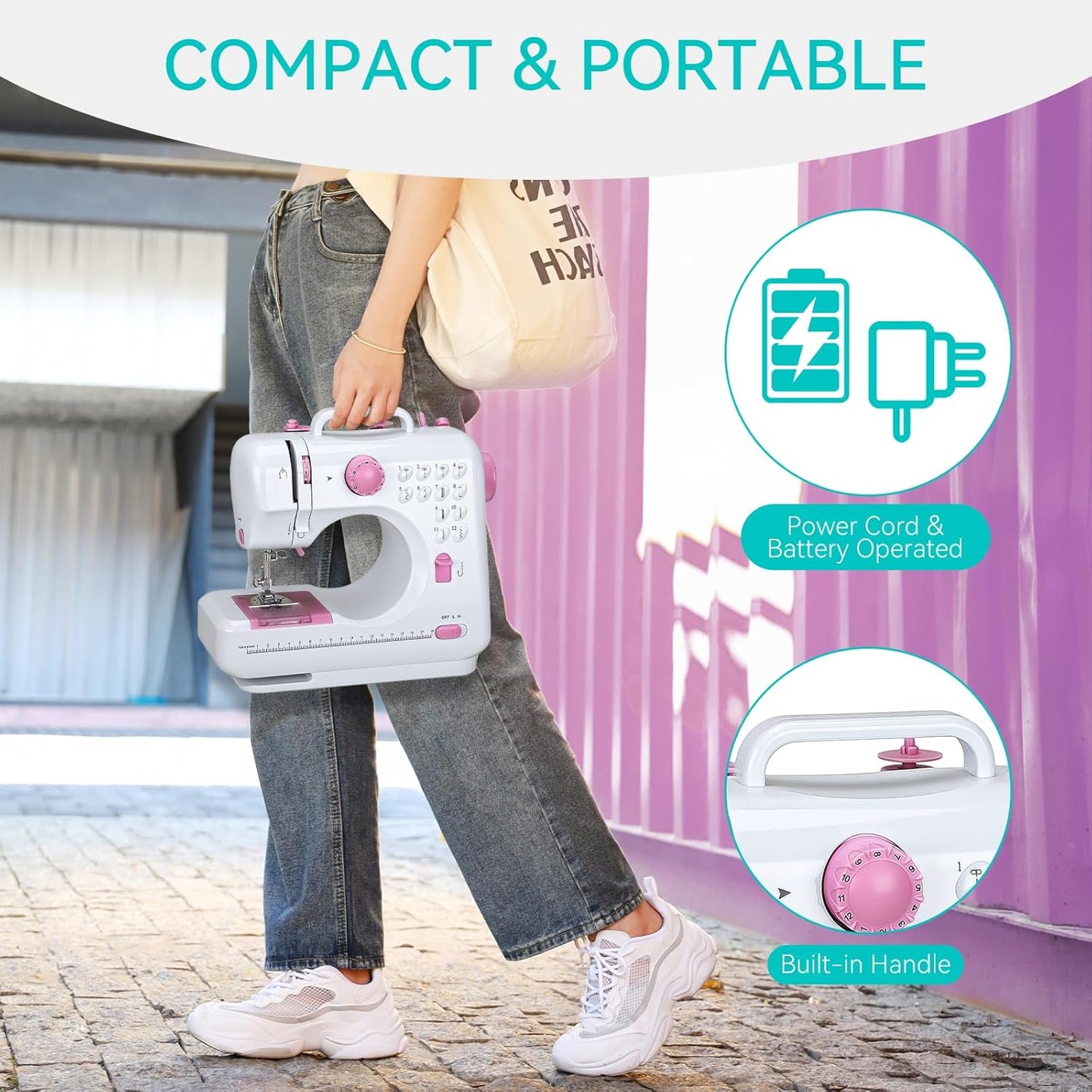 Mini Sewing Machine for Beginners, Portable with Dual Speed, 12 Stitches, Foot Pedal and Accessories Kit for Home Quick Repairs DIY Crafts & Gift, Pink