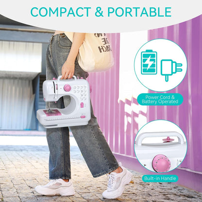 Mini Sewing Machine for Beginners, Portable with Dual Speed, 12 Stitches, Foot Pedal and Accessories Kit for Home Quick Repairs DIY Crafts & Gift, Pink