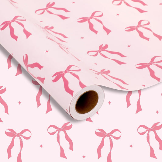 Pink Coquette Bow Wrapping Paper -Mini Roll- 17 In x 32.8 Ft Cute Bowknot Wrap Paper Bowtie Craft Papers for Valentine Wedding Girls Birthday Party Gift Packing Supplies