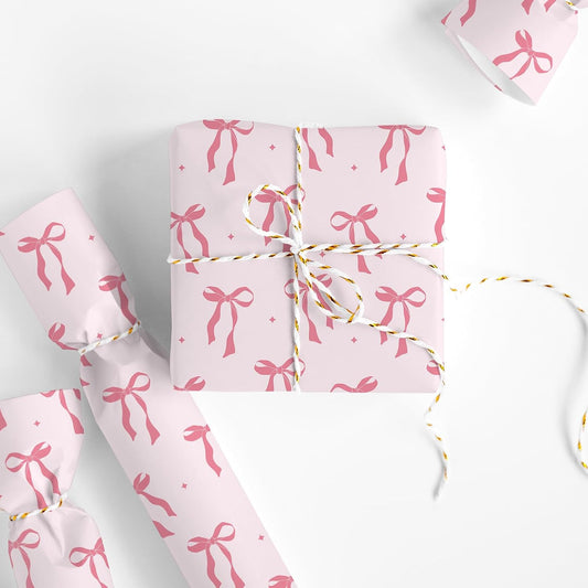 Pink Coquette Bow Wrapping Paper -Mini Roll- 17 In x 32.8 Ft Cute Bowknot Wrap Paper Bowtie Craft Papers for Valentine Wedding Girls Birthday Party Gift Packing Supplies