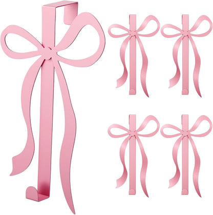 4 Pack Pink Bow Over The Door Hooks, Metal Strong Bathroom Decor Hangers for Towels Robes Clothes Hats Bags in Living Room Bedroom Kitchen Entryway Organization