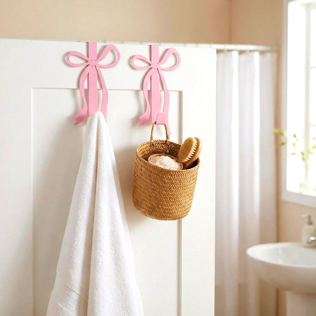 4 Pack Pink Bow Over The Door Hooks, Metal Strong Bathroom Decor Hangers for Towels Robes Clothes Hats Bags in Living Room Bedroom Kitchen Entryway Organization