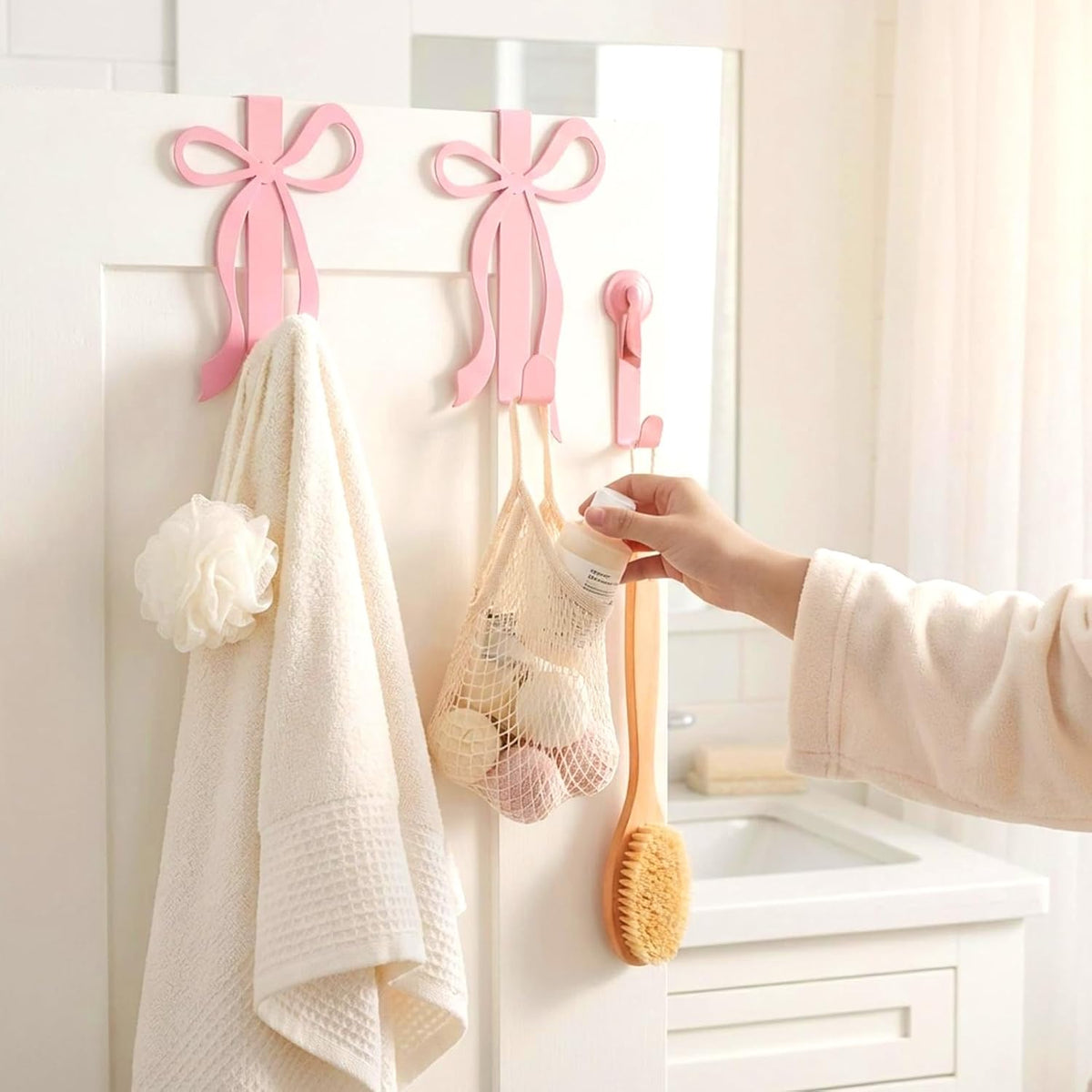 4 Pack Pink Bow Over The Door Hooks, Metal Strong Bathroom Decor Hangers for Towels Robes Clothes Hats Bags in Living Room Bedroom Kitchen Entryway Organization