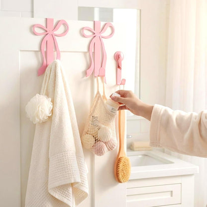 4 Pack Pink Bow Over The Door Hooks, Metal Strong Bathroom Decor Hangers for Towels Robes Clothes Hats Bags in Living Room Bedroom Kitchen Entryway Organization