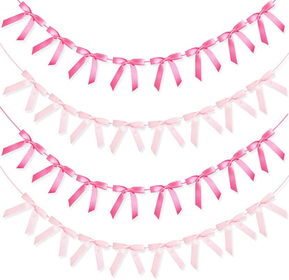 4 Pcs Pink Bow Garland Banner, Pre Strung Pink Coquette Party Decortions for Girls Bow Birthday Decorations, Bachelorette Party Decorations, Bridal Shower