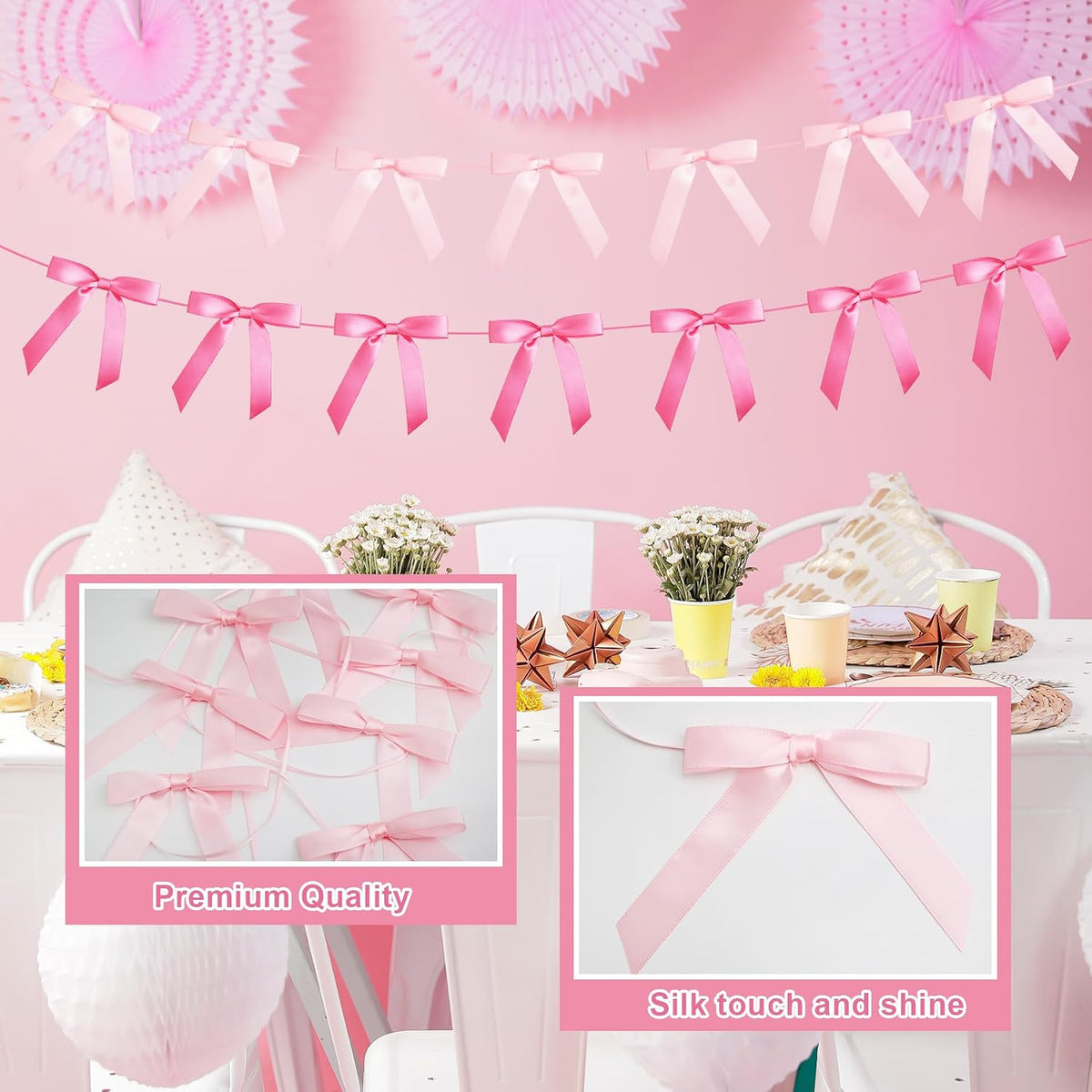 4 Pcs Pink Bow Garland Banner, Pre Strung Pink Coquette Party Decortions for Girls Bow Birthday Decorations, Bachelorette Party Decorations, Bridal Shower