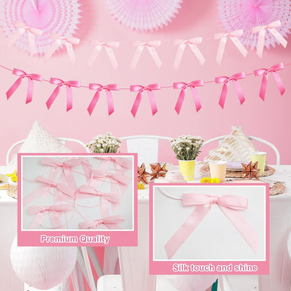 4 Pcs Pink Bow Garland Banner, Pre Strung Pink Coquette Party Decortions for Girls Bow Birthday Decorations, Bachelorette Party Decorations, Bridal Shower