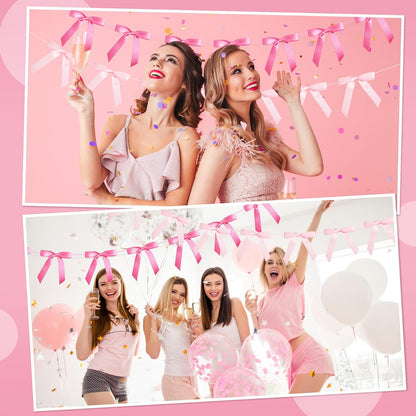 4 Pcs Pink Bow Garland Banner, Pre Strung Pink Coquette Party Decortions for Girls Bow Birthday Decorations, Bachelorette Party Decorations, Bridal Shower