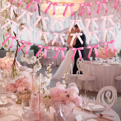 4 Pcs Pink Bow Garland Banner, Pre Strung Pink Coquette Party Decortions for Girls Bow Birthday Decorations, Bachelorette Party Decorations, Bridal Shower