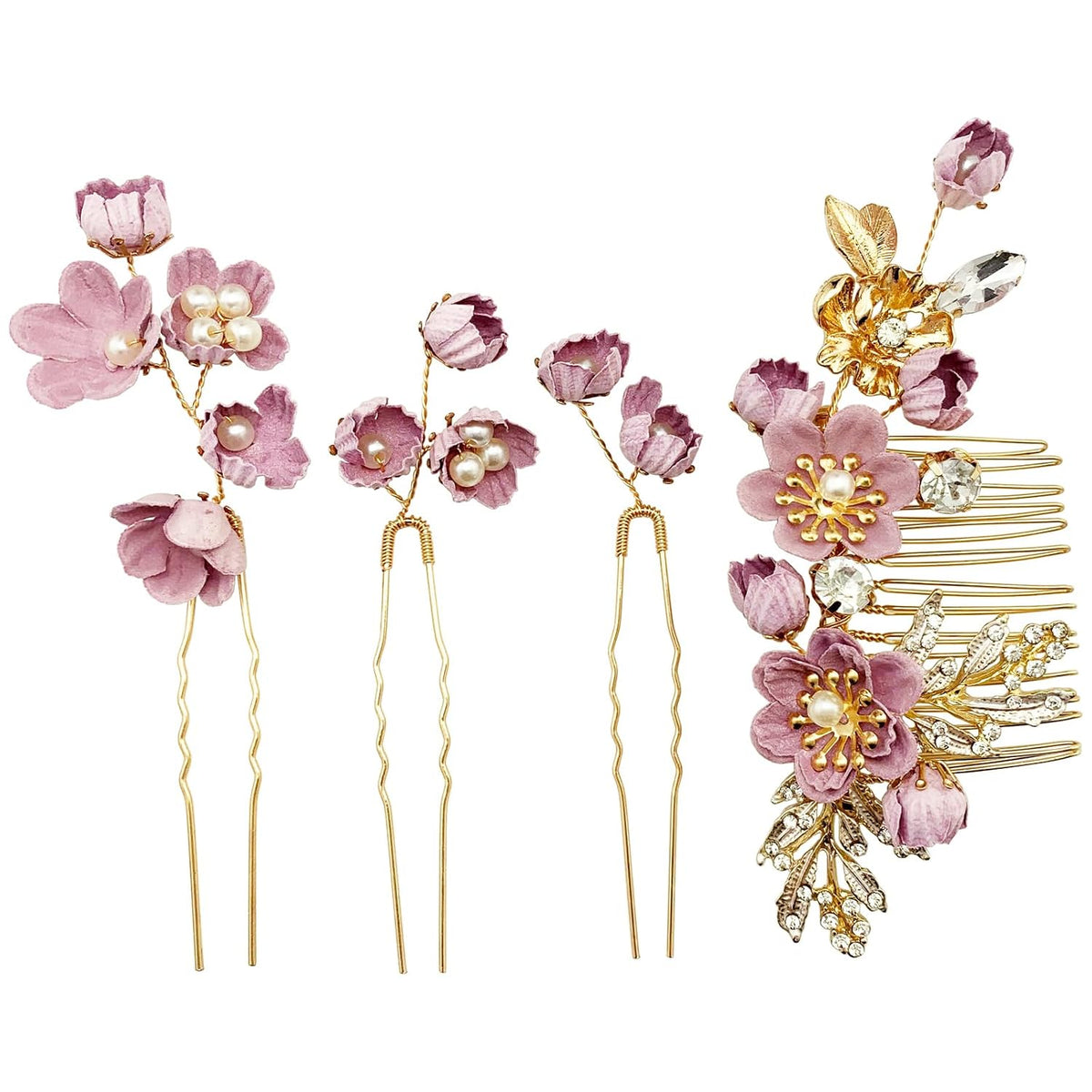 Pink Flower Gold Hair Pins Combs Accessories for Wedding Prom, Set of 4