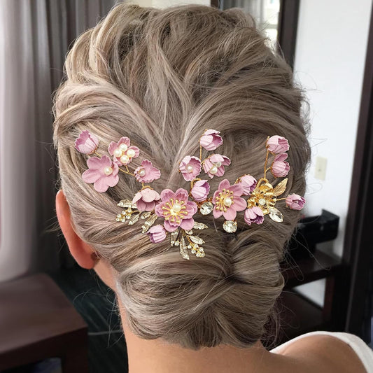 Pink Flower Gold Hair Pins Combs Accessories for Wedding Prom, Set of 4