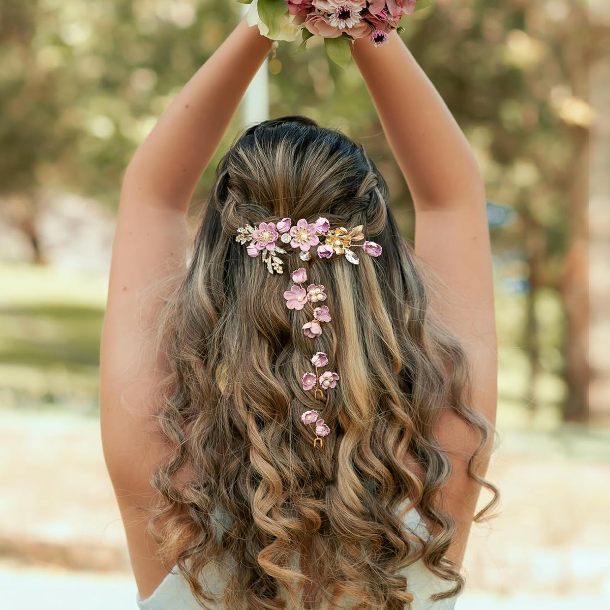 Pink Flower Gold Hair Pins Combs Accessories for Wedding Prom, Set of 4