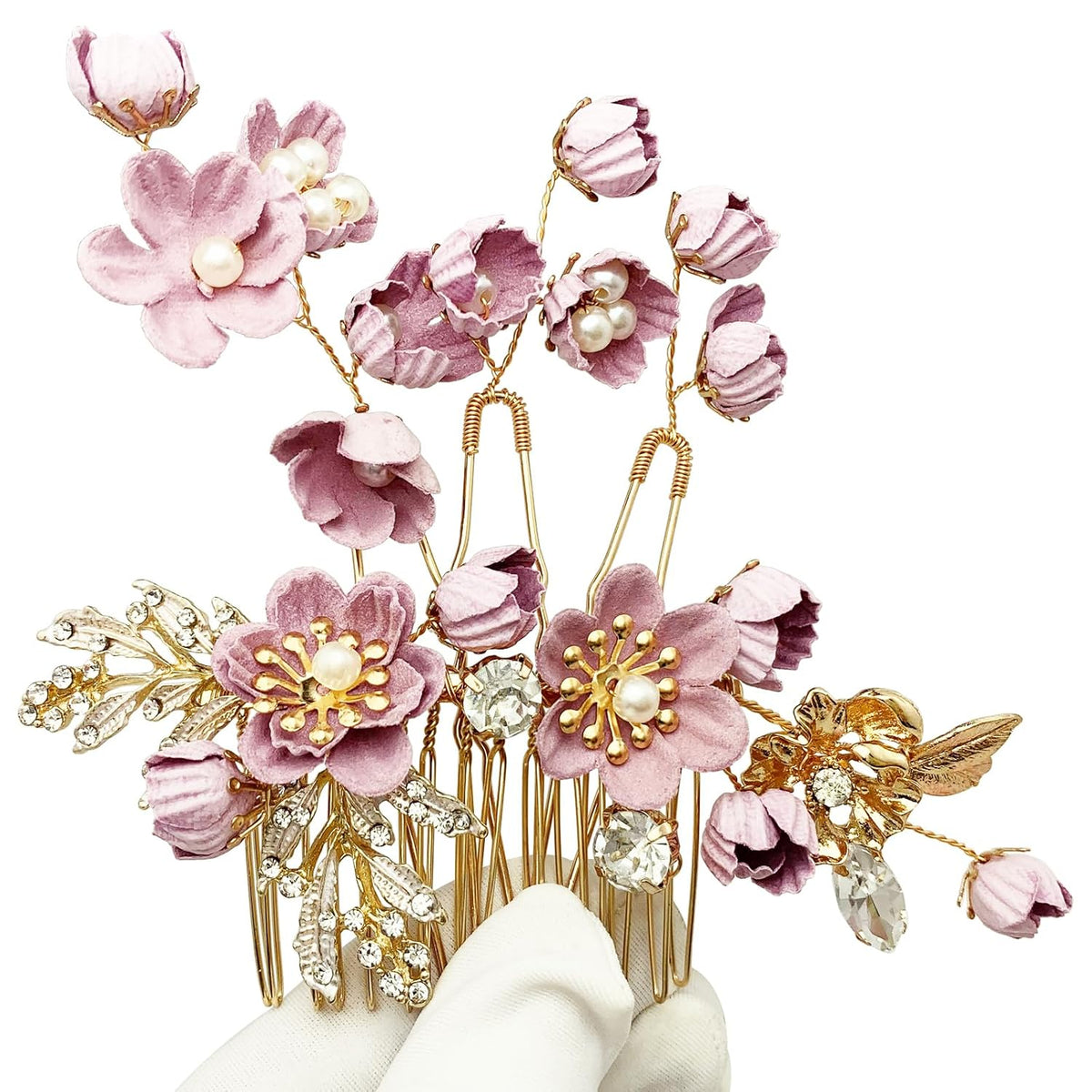 Pink Flower Gold Hair Pins Combs Accessories for Wedding Prom, Set of 4