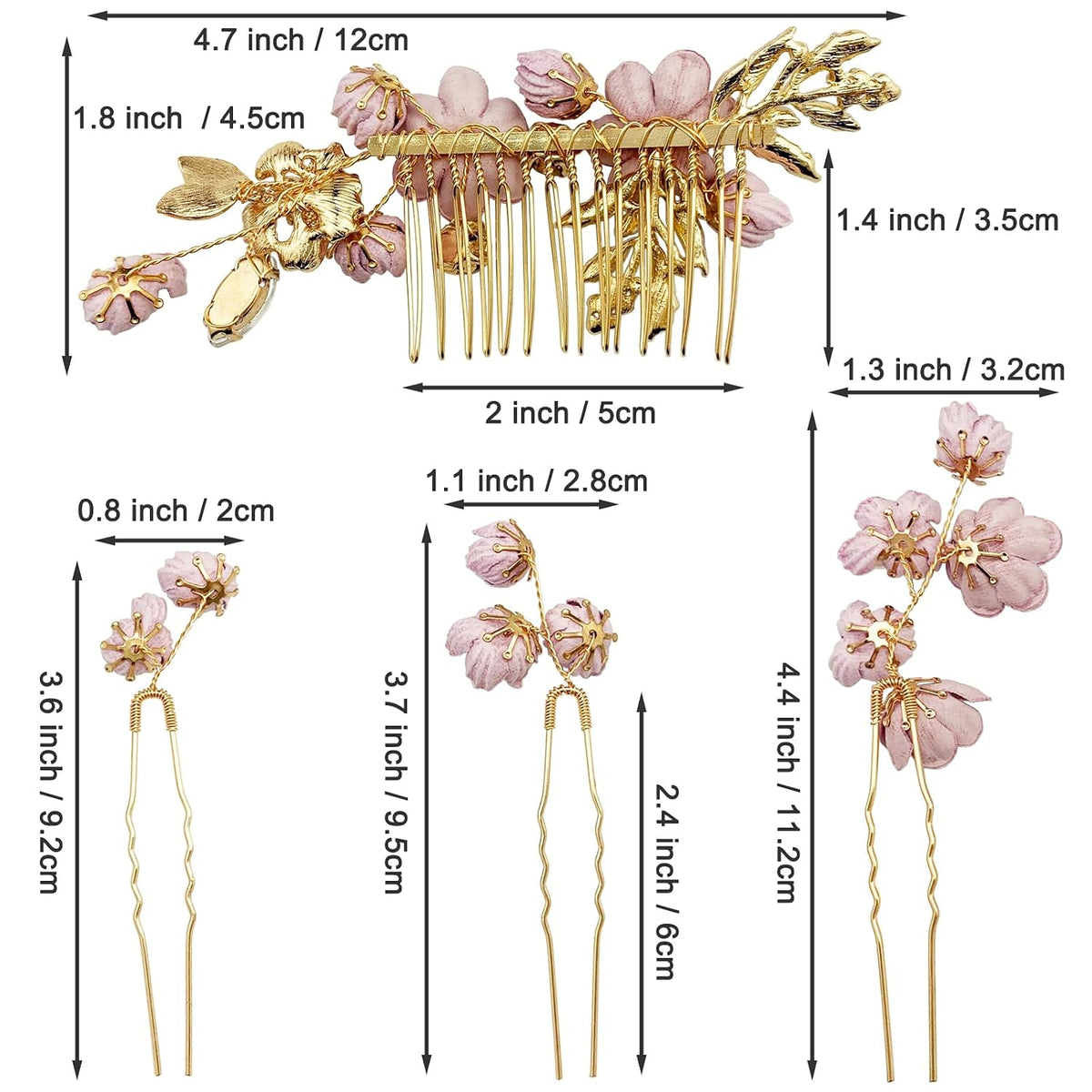 Pink Flower Gold Hair Pins Combs Accessories for Wedding Prom, Set of 4