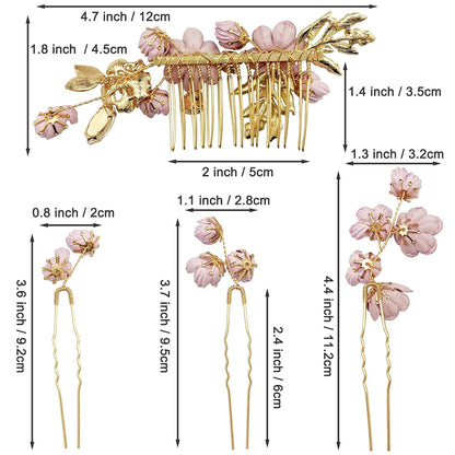 Pink Flower Gold Hair Pins Combs Accessories for Wedding Prom, Set of 4