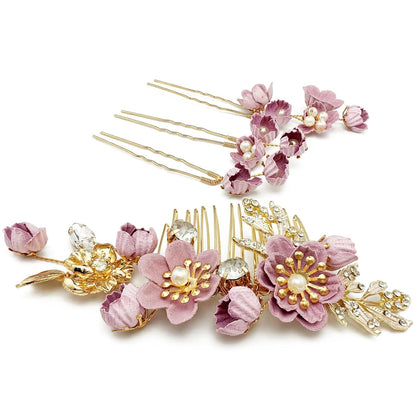 Pink Flower Gold Hair Pins Combs Accessories for Wedding Prom, Set of 4