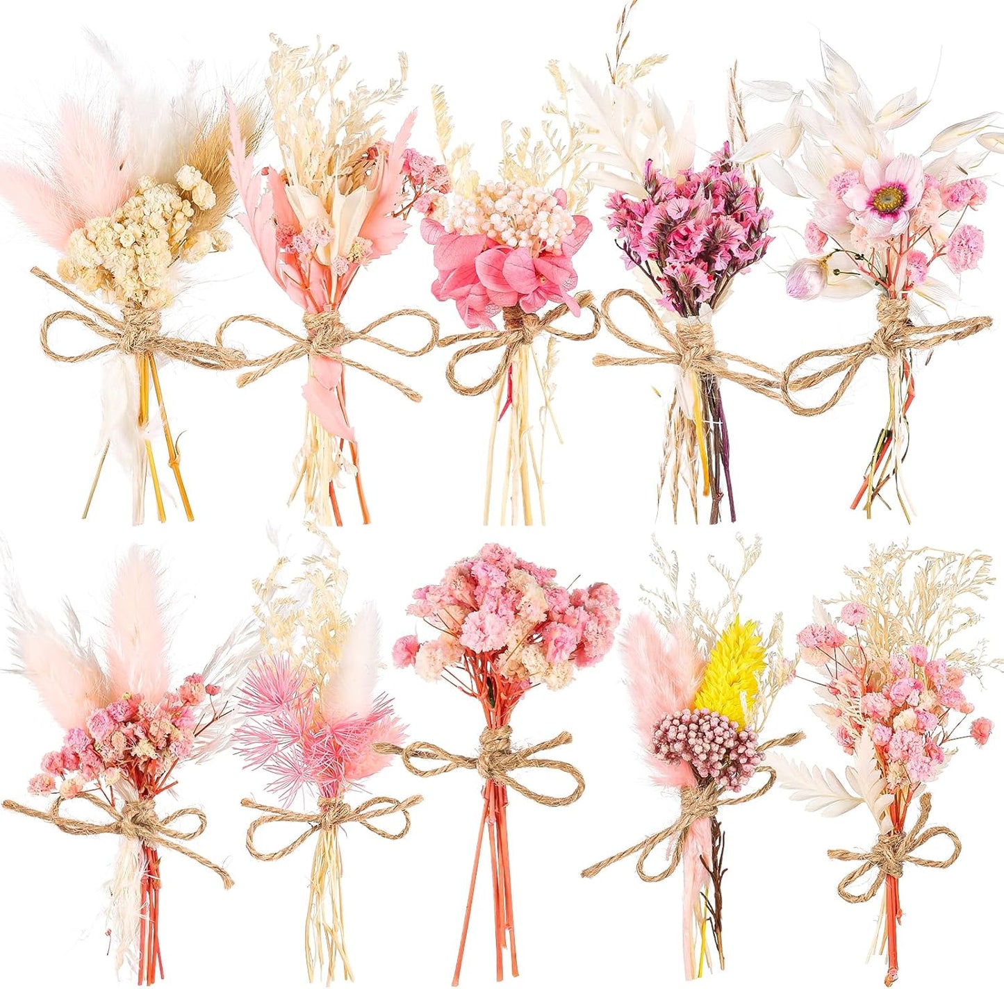 10 Pack Mini Dried Flower Bouquets Pink Series Natural Small Dry Flowers with Stem Boho Wedding Decor Artificial Floral Embossing Flower Bundles for Craft Vase, Table Centerpieces, Proposal Bouquet