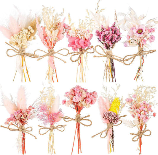 10 Pack Mini Dried Flower Bouquets Pink Series Natural Small Dry Flowers with Stem Boho Wedding Decor Artificial Floral Embossing Flower Bundles for Craft Vase, Table Centerpieces, Proposal Bouquet