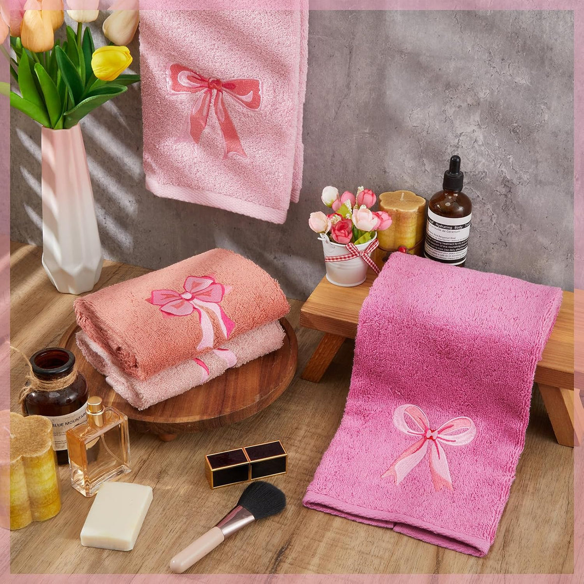 4 PCS Pink Bow Hand Towels 29"x13" Farmhouse Bathroom