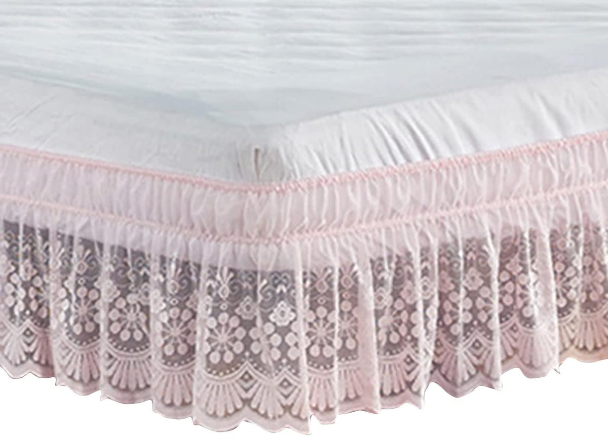 Vintage Solid Lace Elastic Dust Bed Skirt,Wrap Around Bed Skirt,Easy On/Off Dust Ruffle,15" Drop